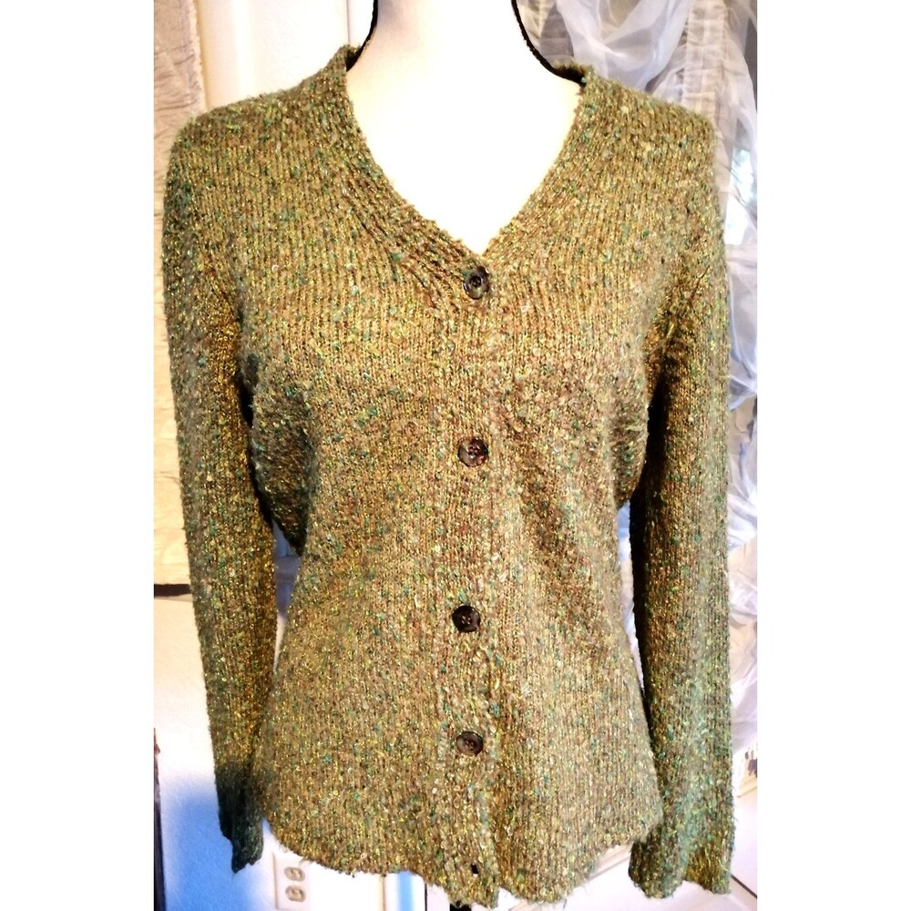 Jones New York Country Women Large Cardigan Textured Sweater Green Brown